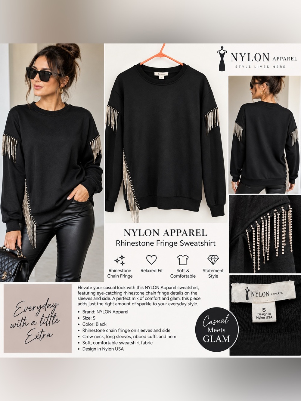 NYLON Apparel Black Rhinestone Fringe Sweatshirt Women’s Small Chain Embellished